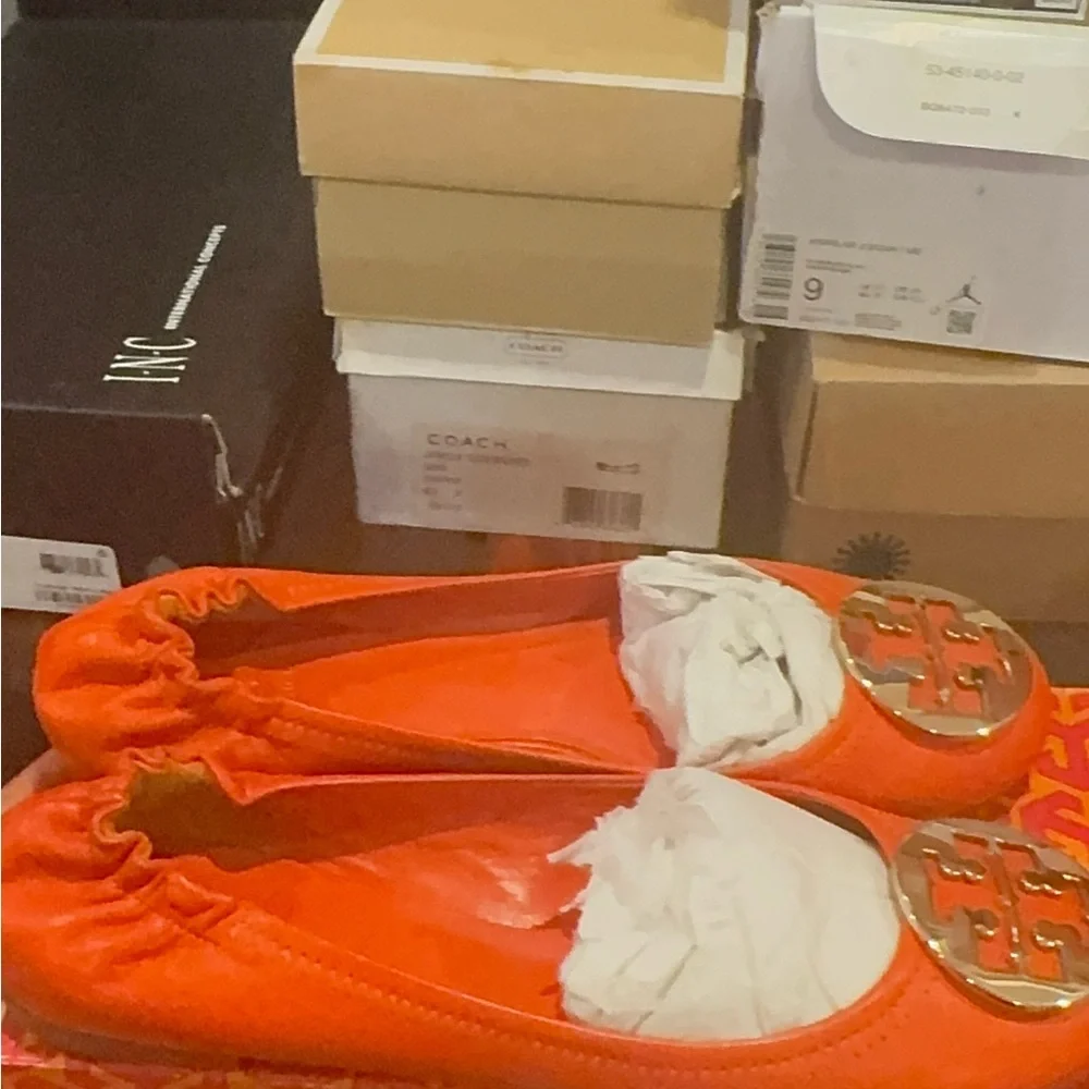 Tory Burch Bright Orange Reva Ballet Flats with Gold Logo